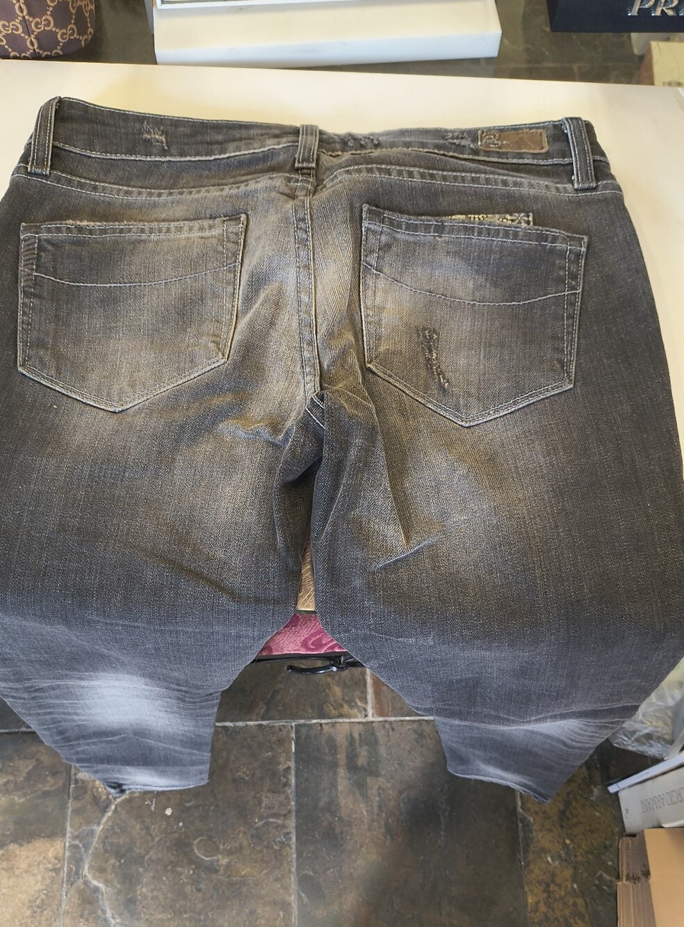 Gorgeous "Paige"Dark Gray Distressed Jeans - Back Pocket Detail Size 27